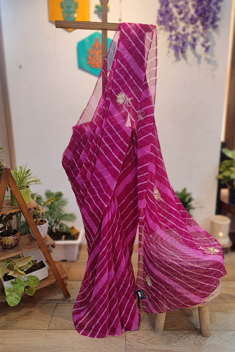 Magenta Lehariya Semi-Georgette Saree with Gotta Patti Floral Work