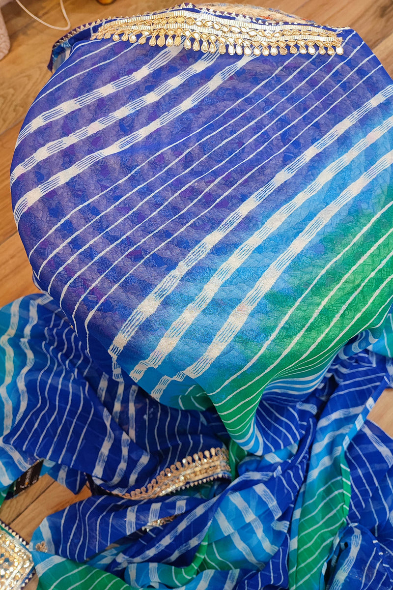 Blue & Green Lehariya Semi-Georgette Saree with Gotta Patti Border Work