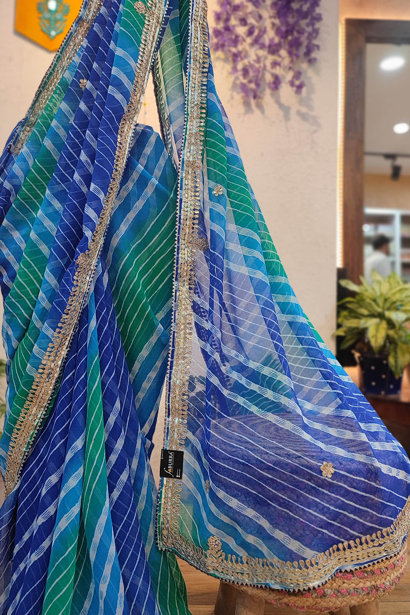 Blue & Green Lehariya Semi-Georgette Saree with Gotta Patti Border Work