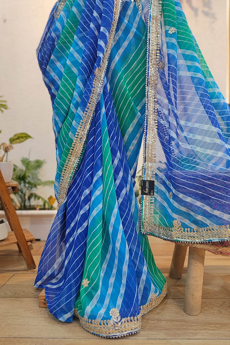 Blue & Green Lehariya Semi-Georgette Saree with Gotta Patti Border Work
