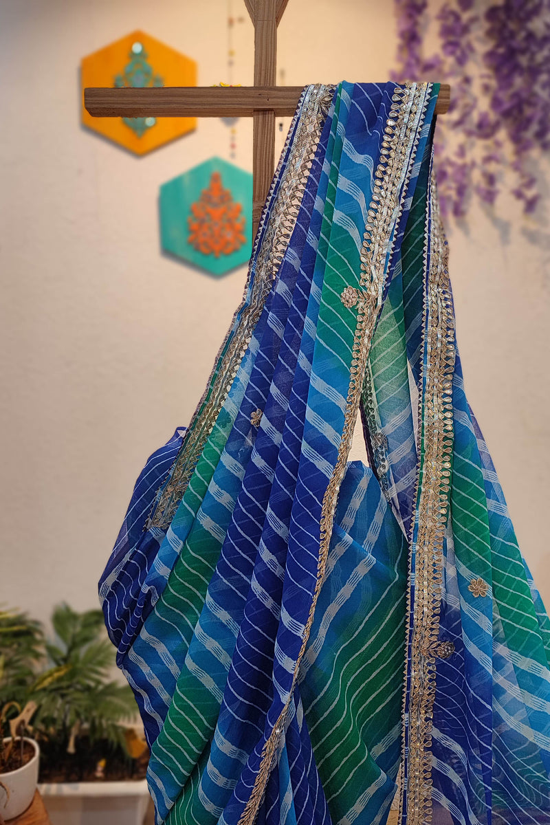 Blue & Green Lehariya Semi-Georgette Saree with Gotta Patti Border Work