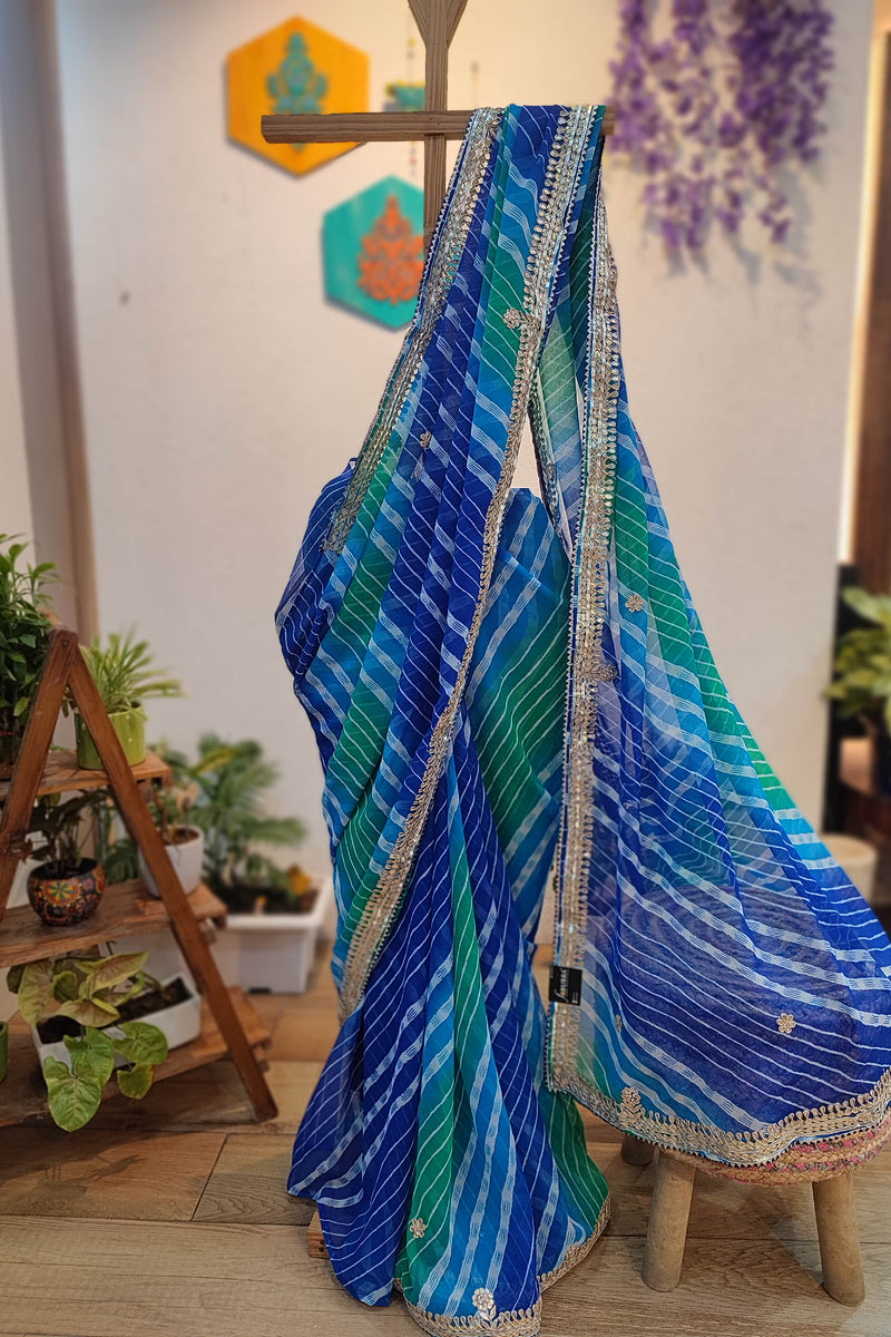 Blue & Green Lehariya Semi-Georgette Saree with Gotta Patti Border Work