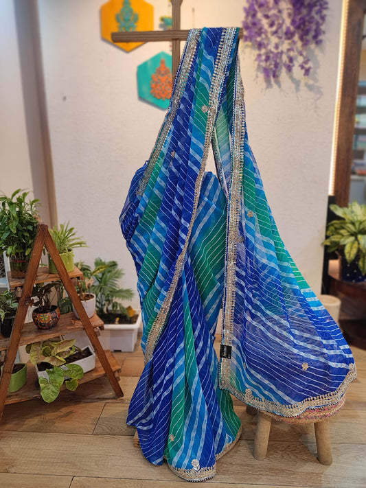 Blue & Green Lehariya Semi-Georgette Saree with Gotta Patti Border Work