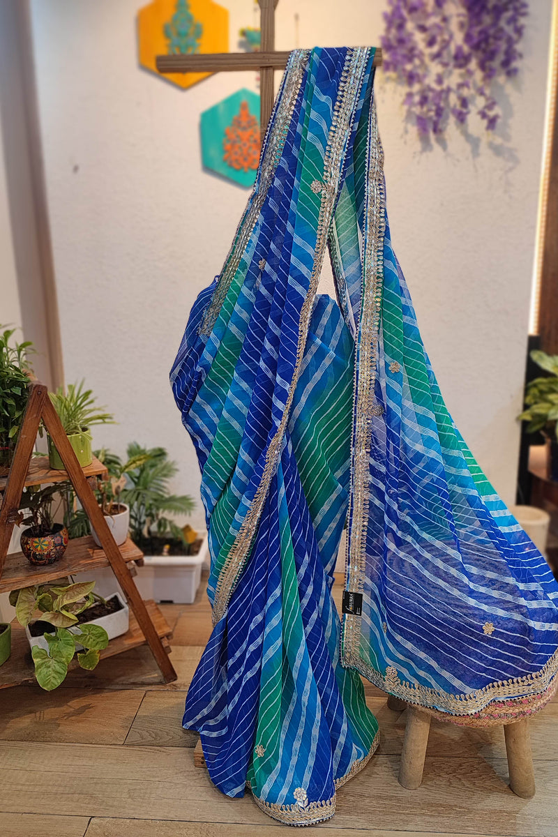 Blue & Green Lehariya Semi-Georgette Saree with Gotta Patti Border Work