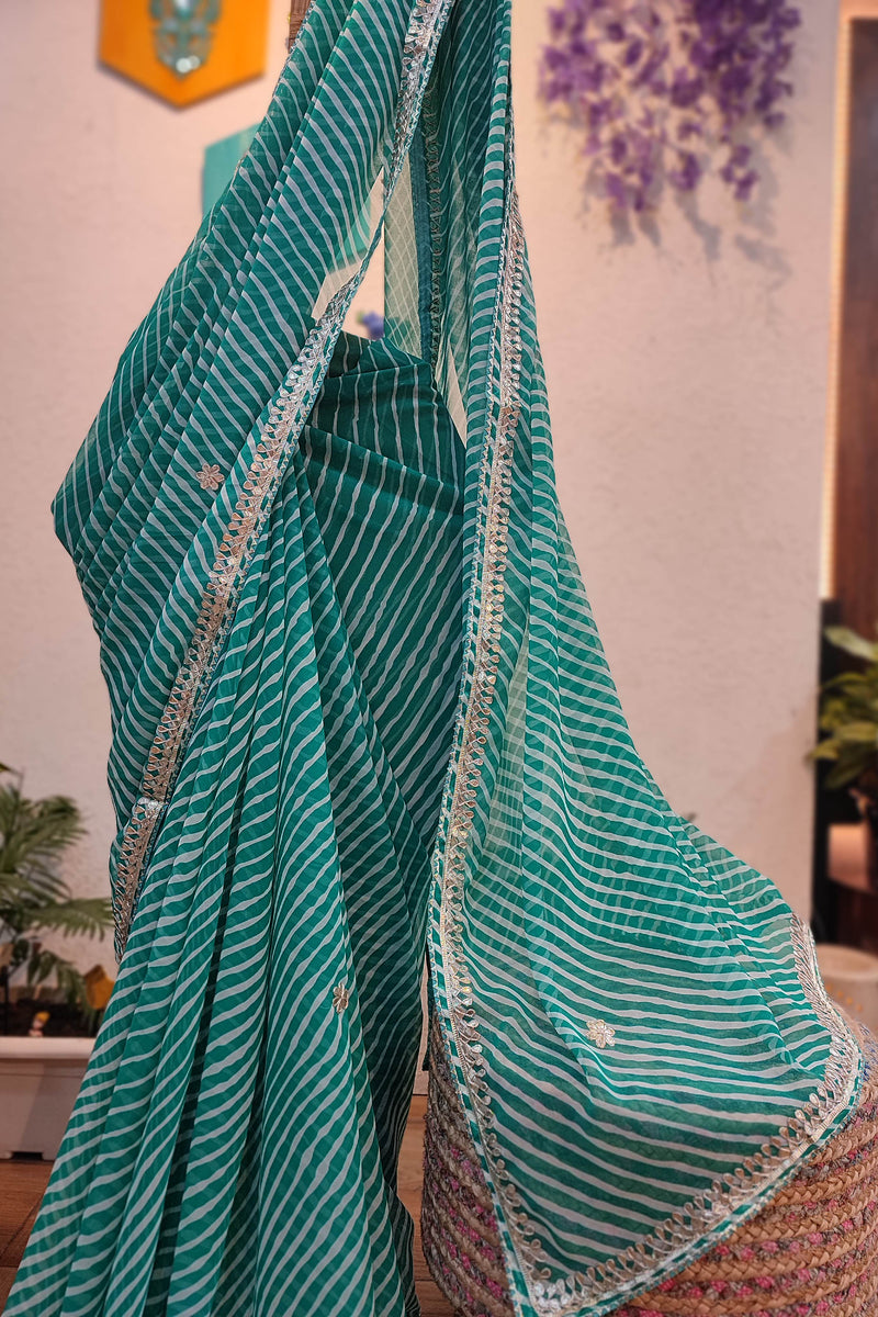 Teal Green Lehariya Semi-Georgette Saree with Gotta Patti Border Work