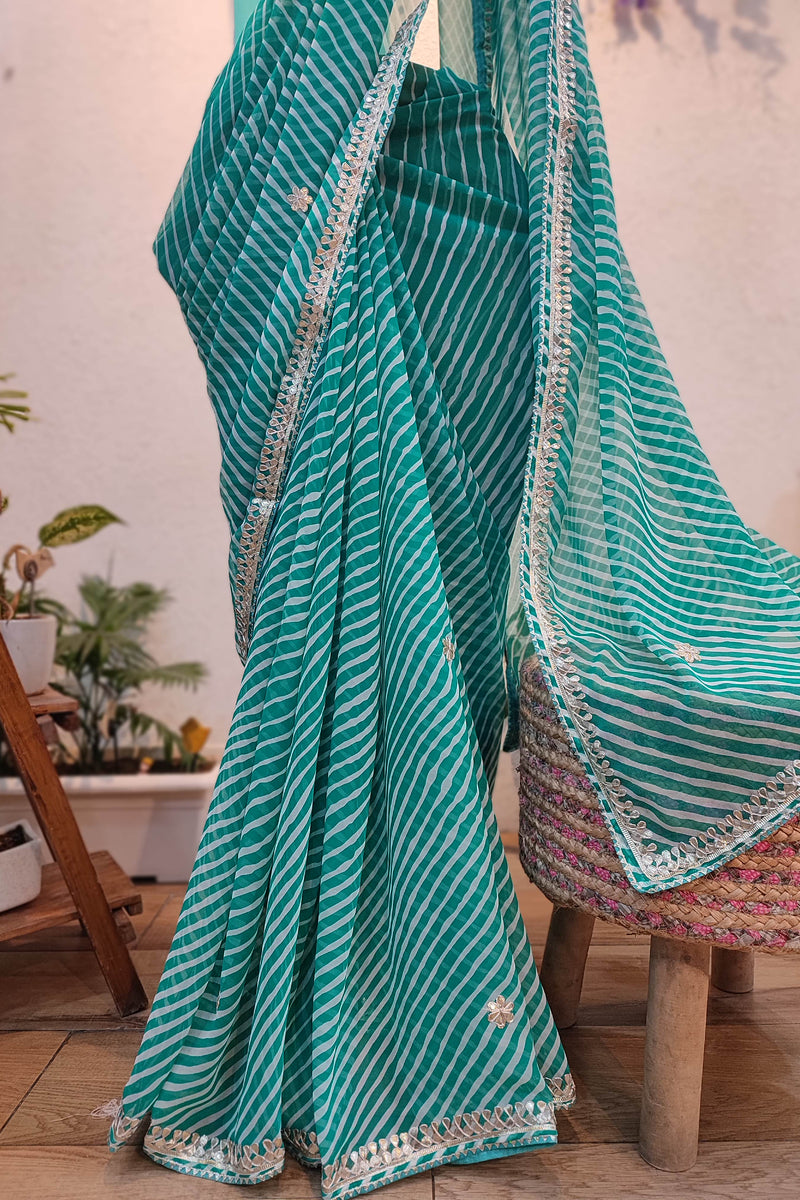 Teal Green Lehariya Semi-Georgette Saree with Gotta Patti Border Work