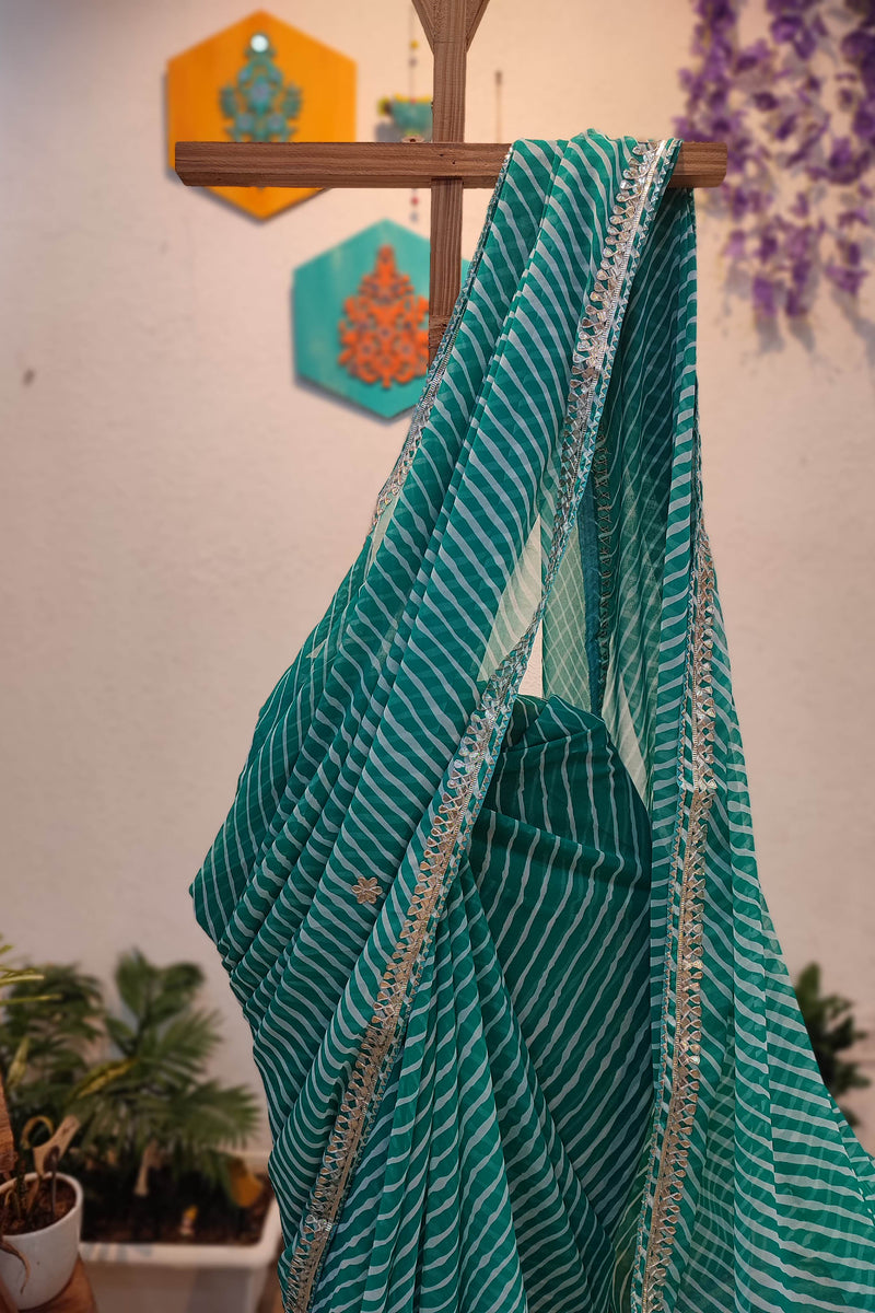 Teal Green Lehariya Semi-Georgette Saree with Gotta Patti Border Work