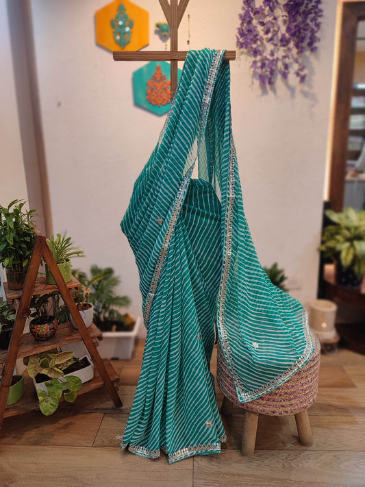 Teal Green Lehariya Semi-Georgette Saree with Gotta Patti Border Work