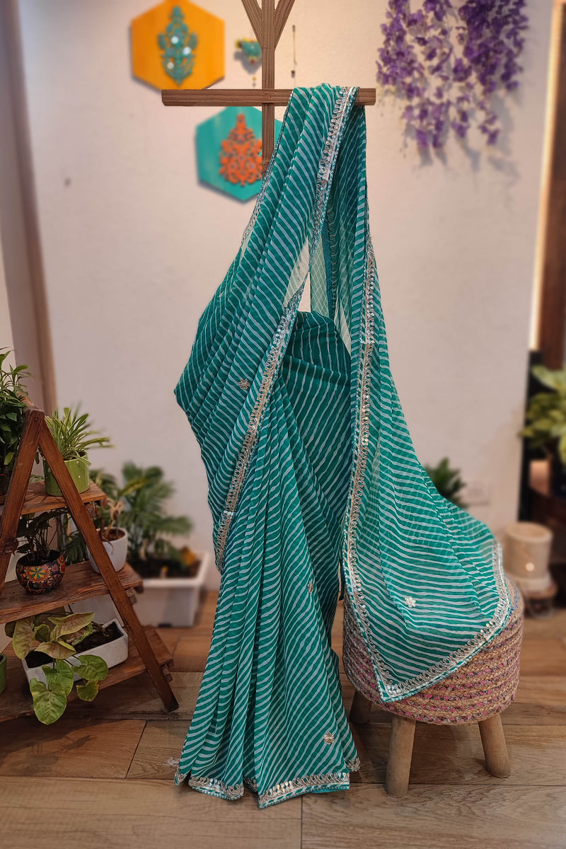 Teal Green Lehariya Semi-Georgette Saree with Gotta Patti Border Work