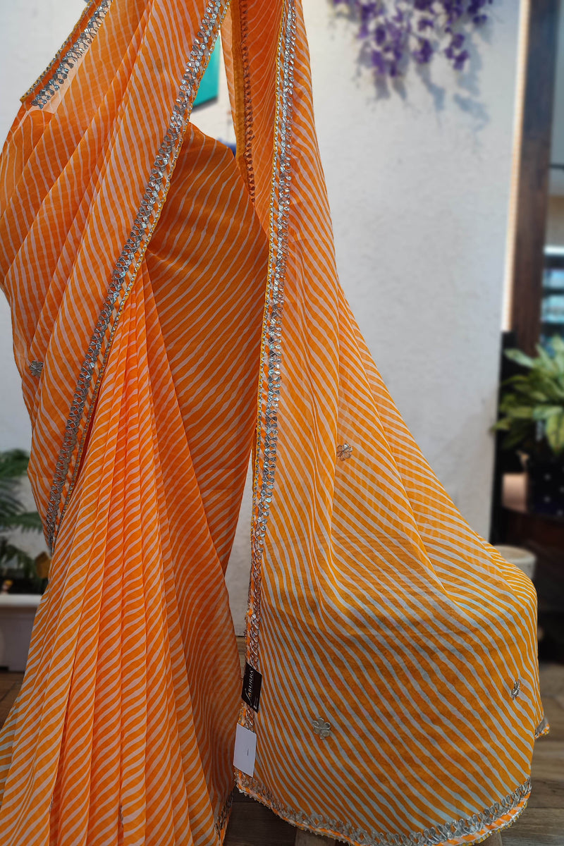 Orange Lehariya Semi-Georgette Saree with Gotta Patti Border Work