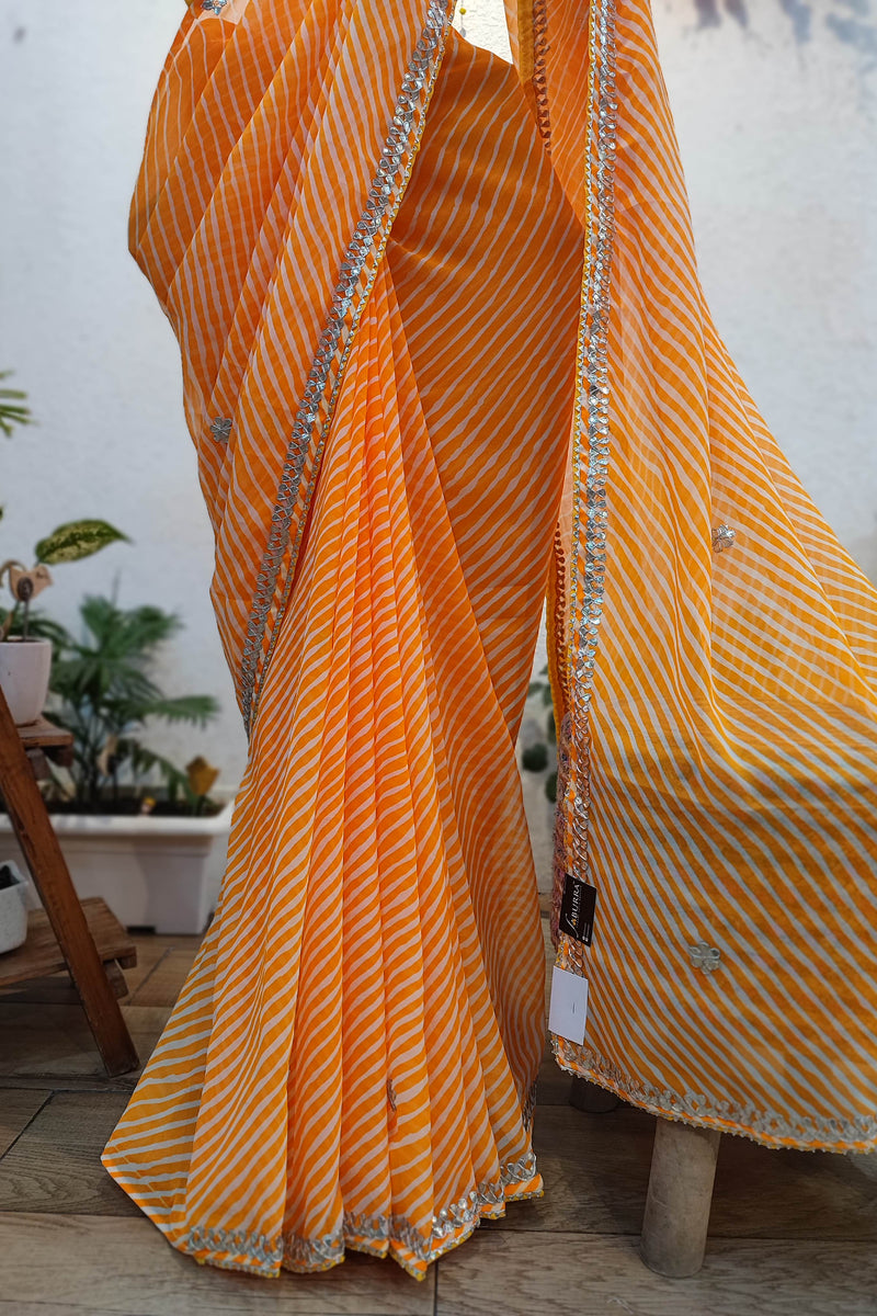 Orange Lehariya Semi-Georgette Saree with Gotta Patti Border Work