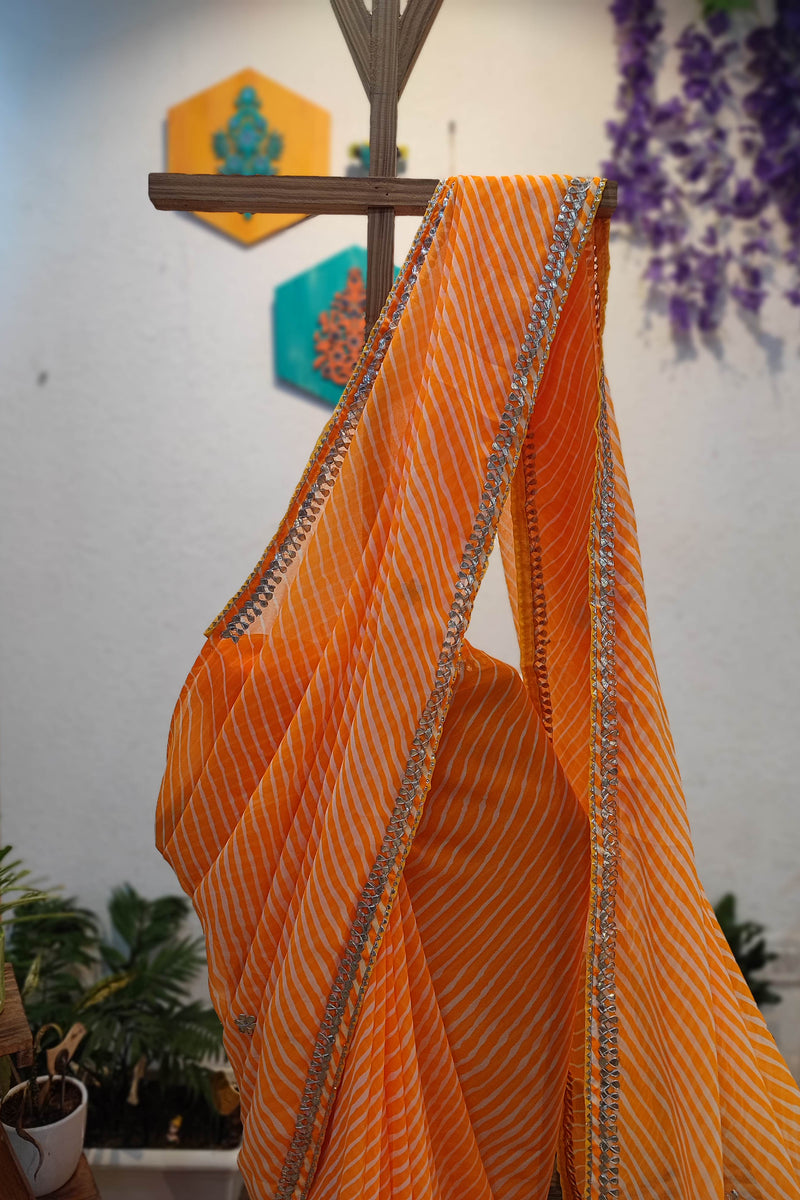 Orange Lehariya Semi-Georgette Saree with Gotta Patti Border Work