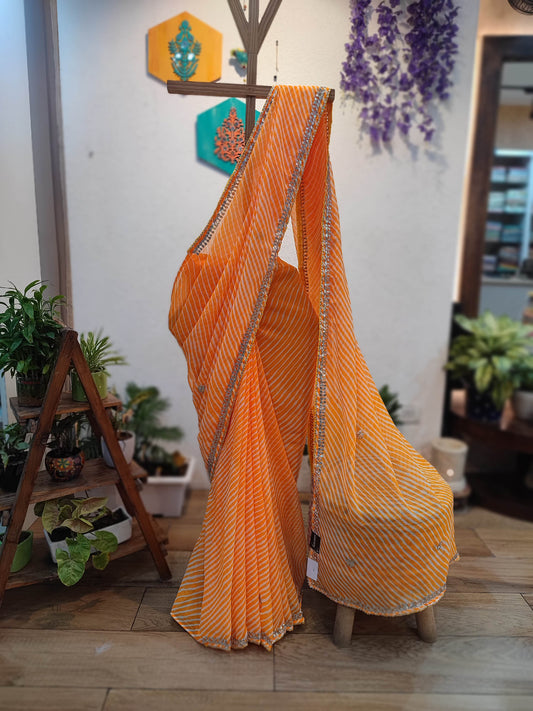Orange Lehariya Semi-Georgette Saree with Gotta Patti Border Work