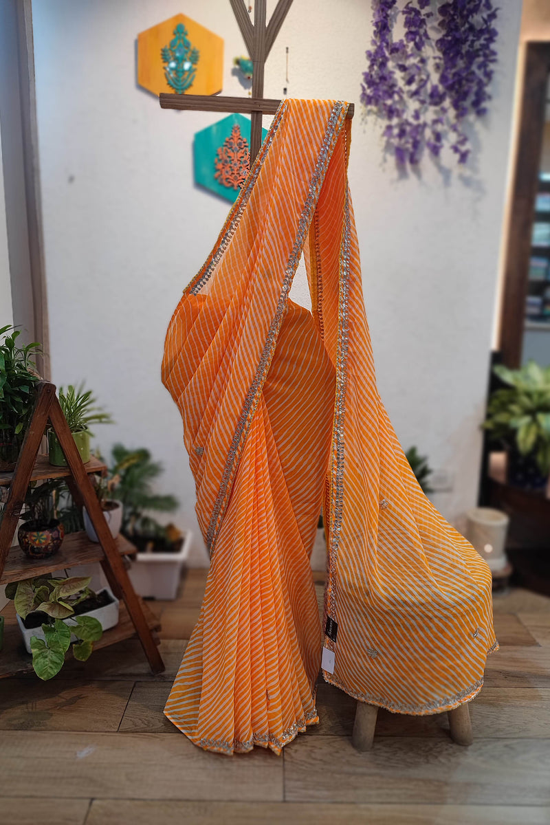 Orange Lehariya Semi-Georgette Saree with Gotta Patti Border Work
