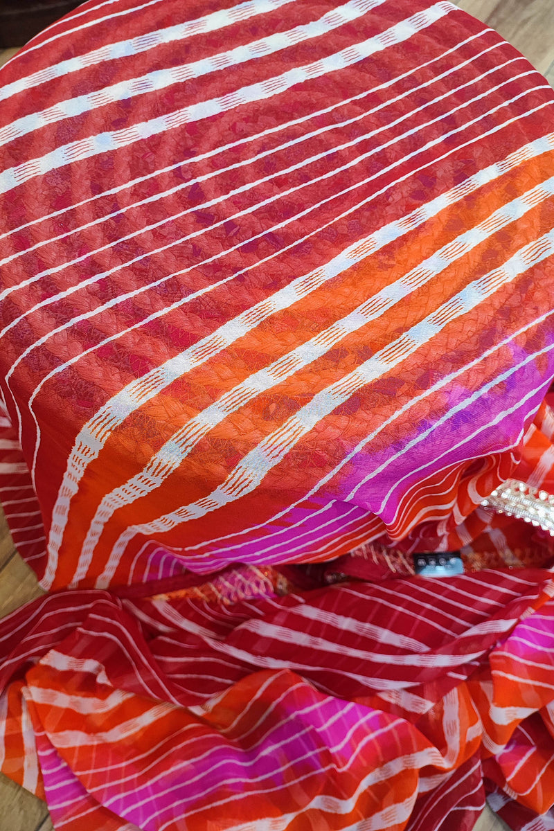 Red Lehariya Semi-Georgette Saree with Gotta Patti Border & Pallu Work