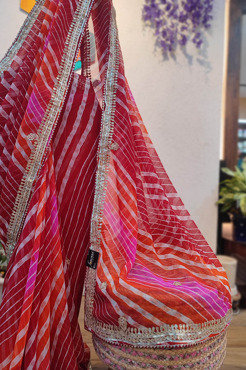 Red Lehariya Semi-Georgette Saree with Gotta Patti Border & Pallu Work