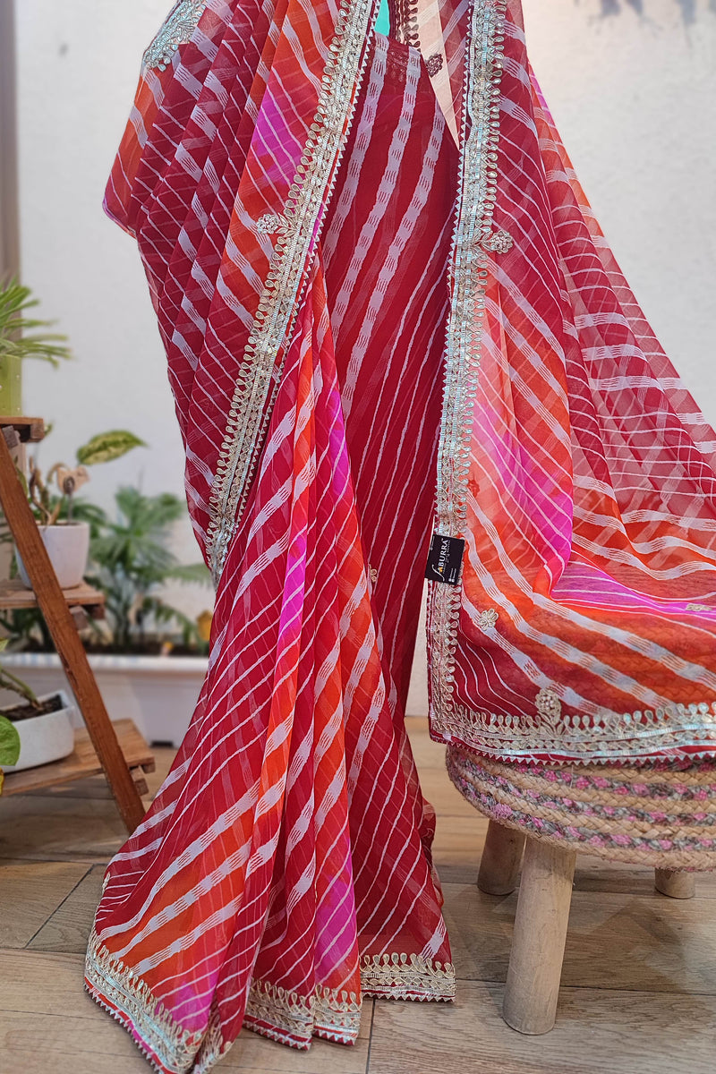 Red Lehariya Semi-Georgette Saree with Gotta Patti Border & Pallu Work