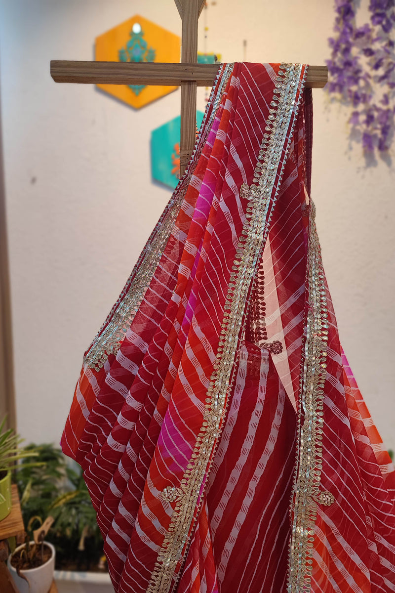 Red Lehariya Semi-Georgette Saree with Gotta Patti Border & Pallu Work