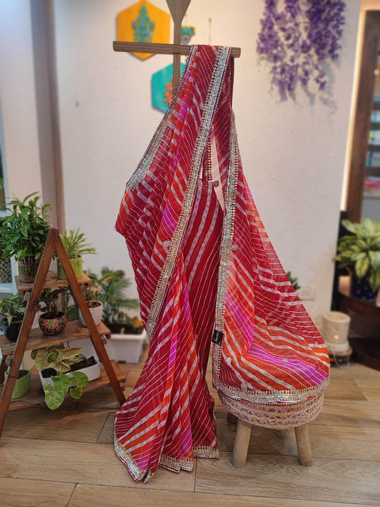 Red Lehariya Semi-Georgette Saree with Gotta Patti Border & Pallu Work