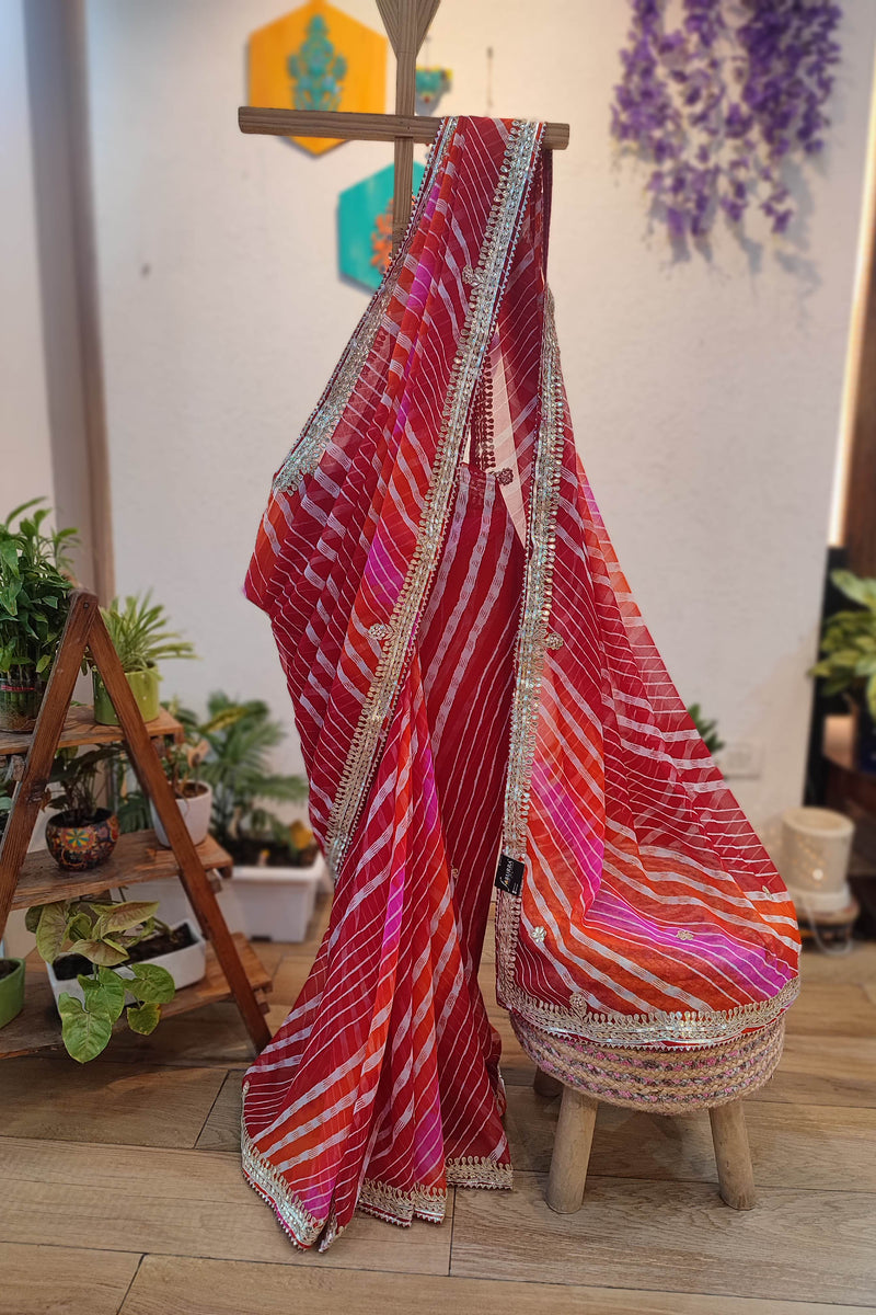 Red Lehariya Semi-Georgette Saree with Gotta Patti Border & Pallu Work