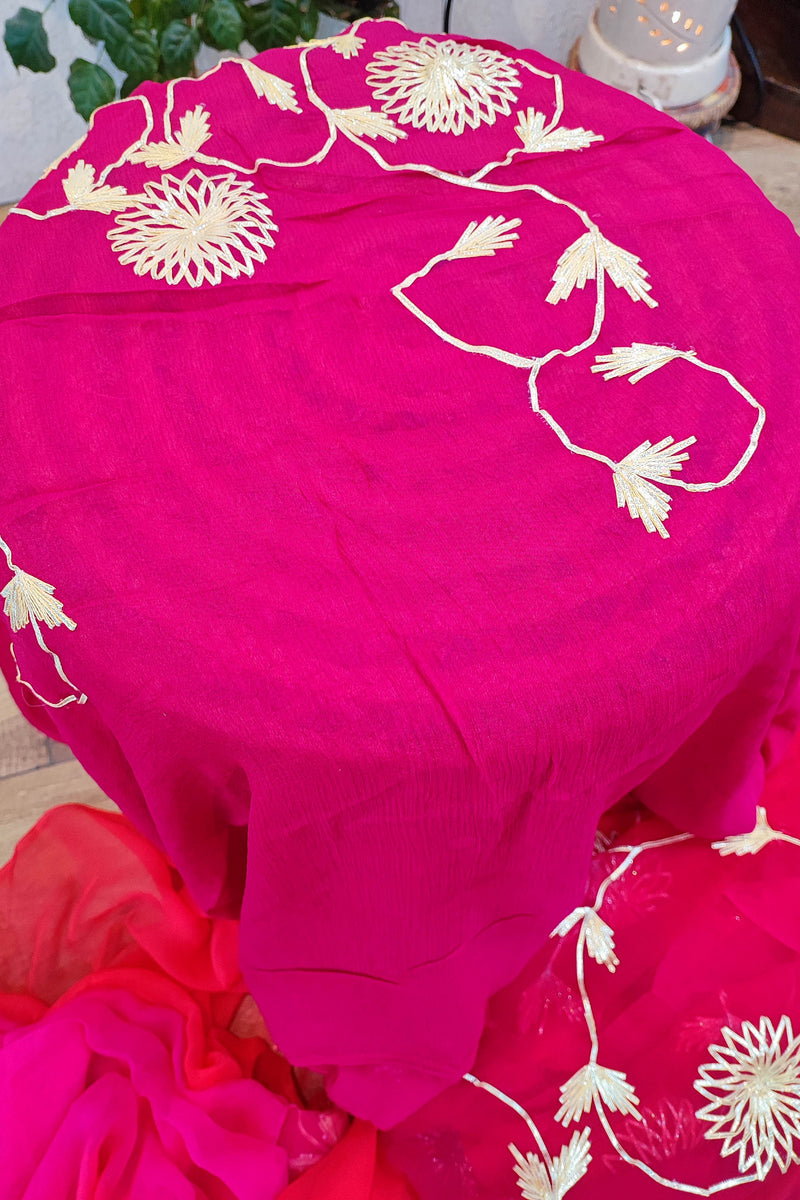 Red and link Dual shade Chiffon Saree with Intricate Gotta Patti Floral Work