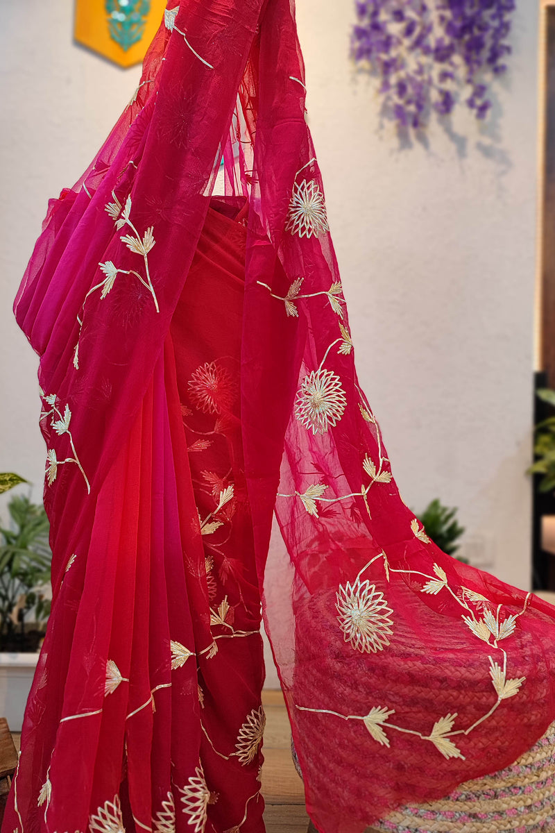 Red and link Dual shade Chiffon Saree with Intricate Gotta Patti Floral Work