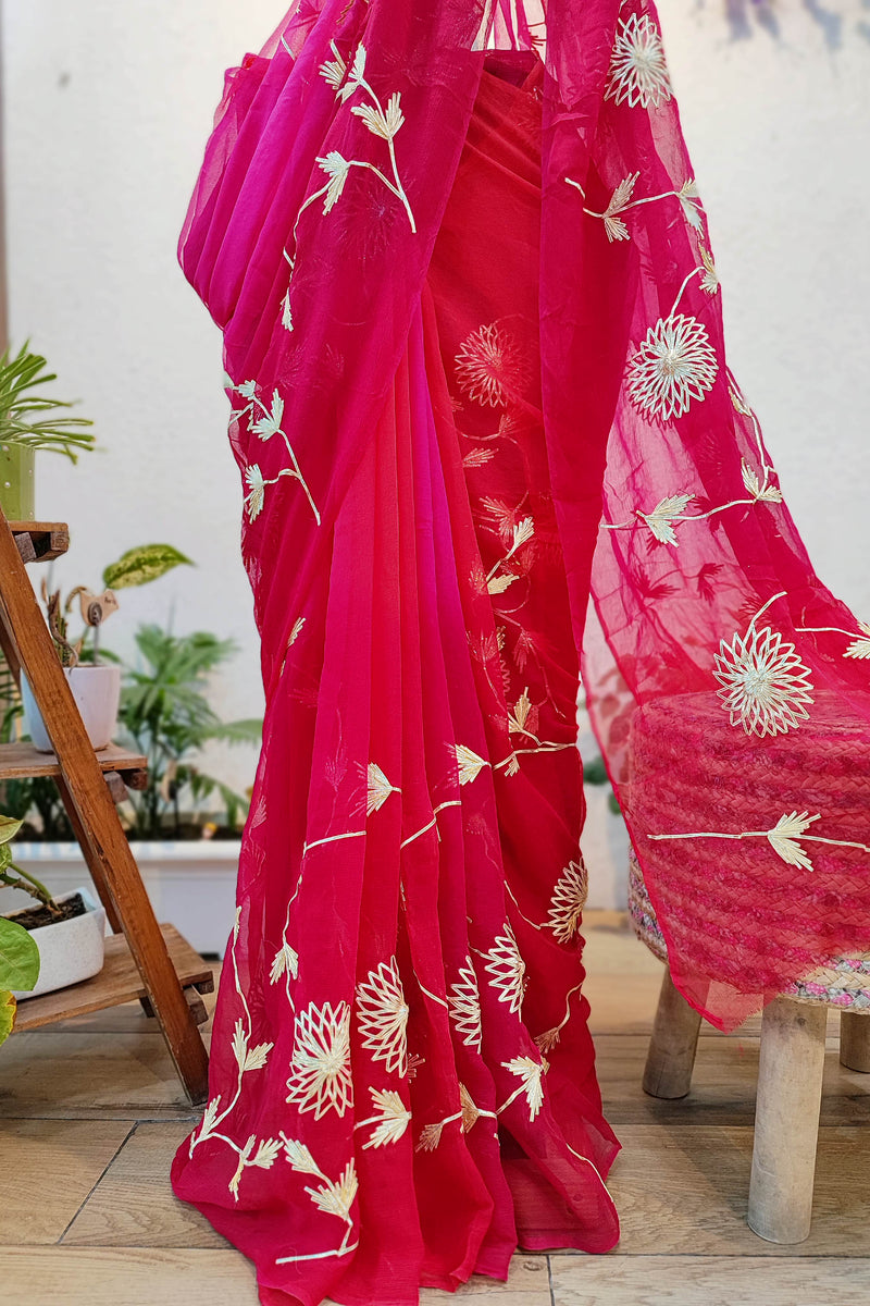 Red and link Dual shade Chiffon Saree with Intricate Gotta Patti Floral Work