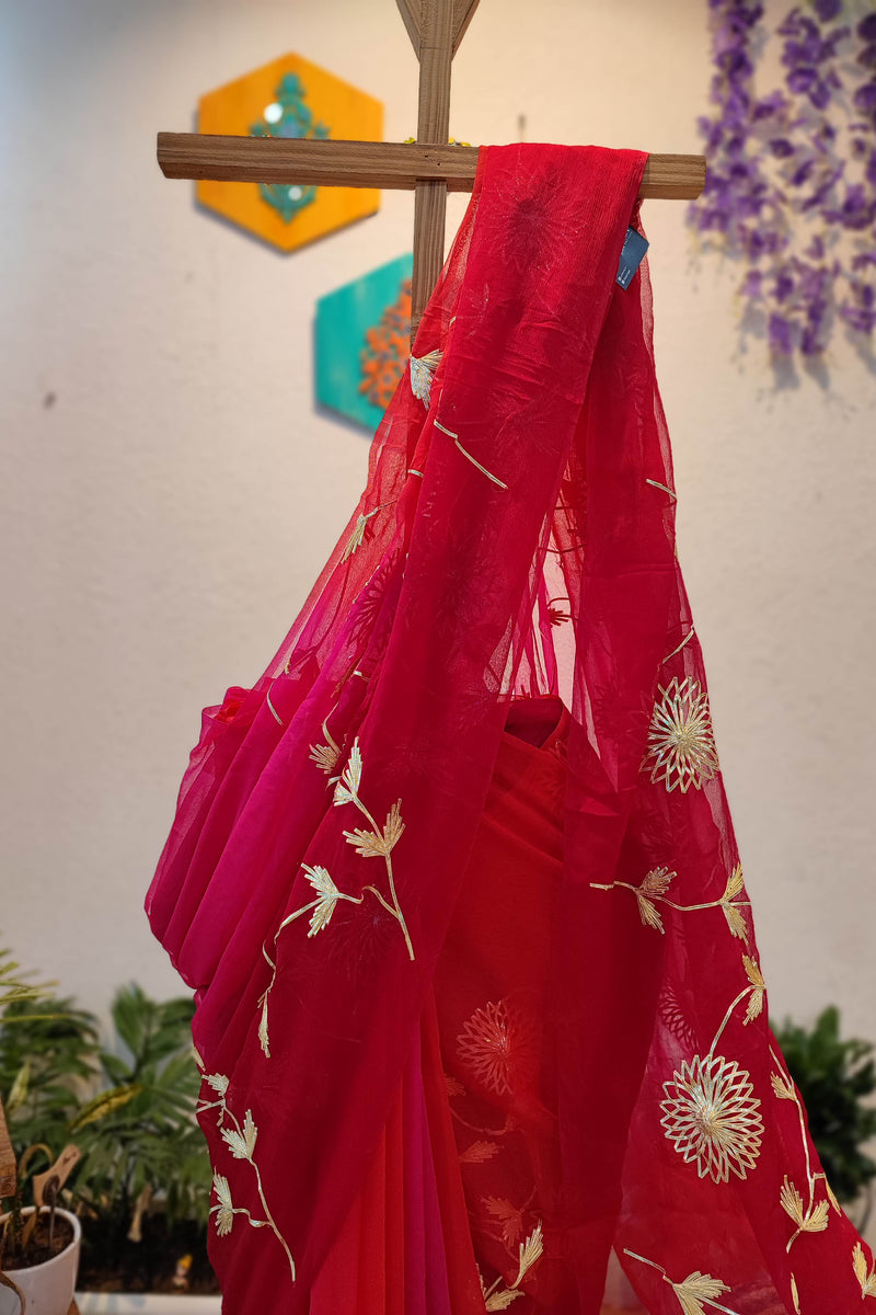 Red and link Dual shade Chiffon Saree with Intricate Gotta Patti Floral Work