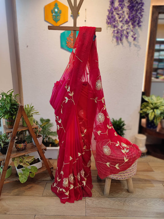 Red and link Dual shade Chiffon Saree with Intricate Gotta Patti Floral Work
