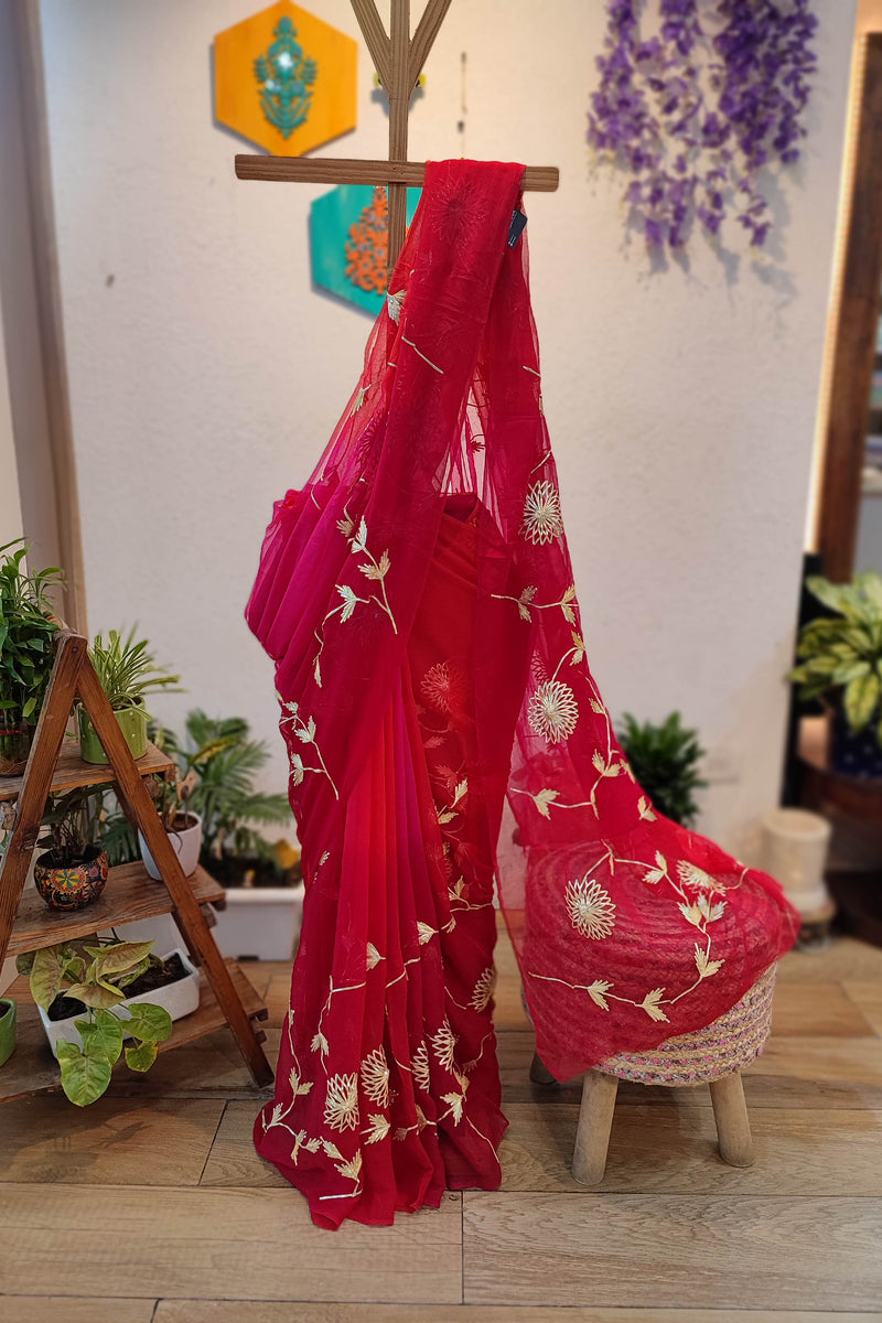 Red and link Dual shade Chiffon Saree with Intricate Gotta Patti Floral Work