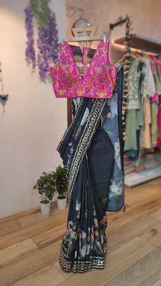 Black Desginer Dola Banarasi Saree with Floral Motifs & Designer Border with embroidery