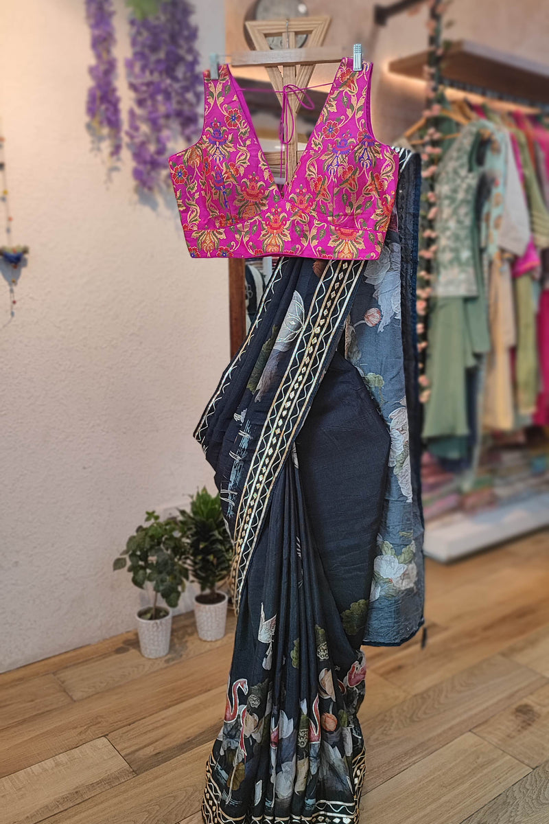 Black Desginer Dola Banarasi Saree with Floral Motifs & Designer Border with embroidery