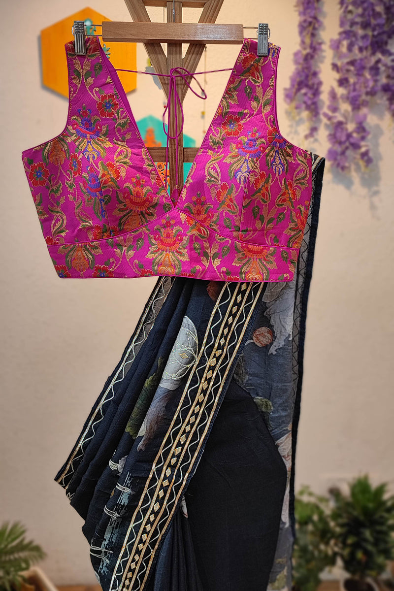 Black Desginer Dola Banarasi Saree with Floral Motifs & Designer Border with embroidery