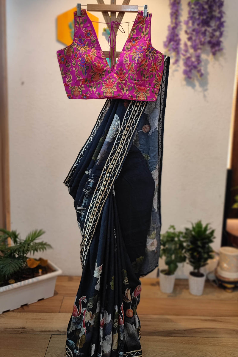 Black Desginer Dola Banarasi Saree with Floral Motifs & Designer Border with embroidery