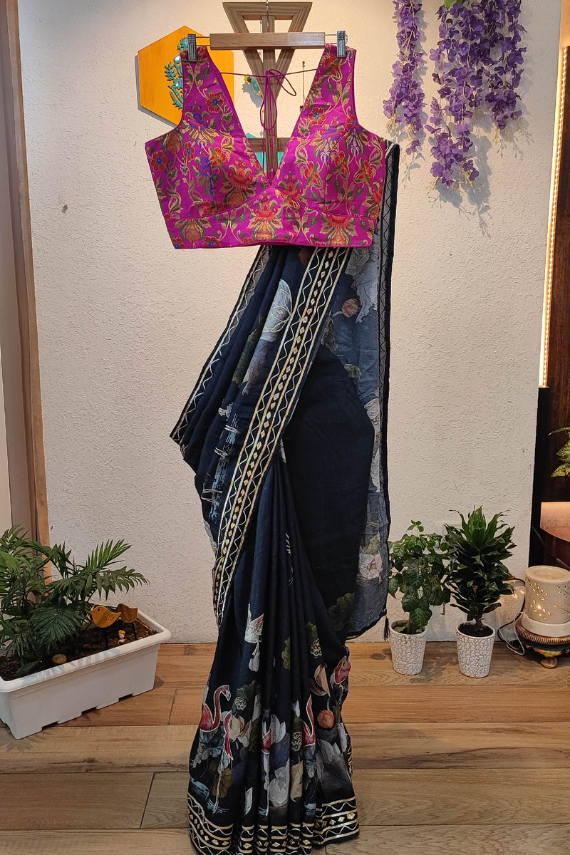 Black Desginer Dola Banarasi Saree with Floral Motifs & Designer Border with embroidery