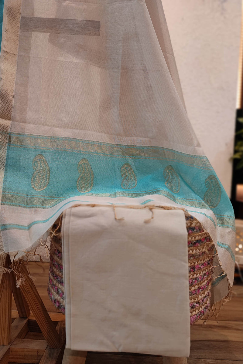 Teal & White Maheshwari Silk Suit Set with Paisley Border Dupatta & Cotton Bottom