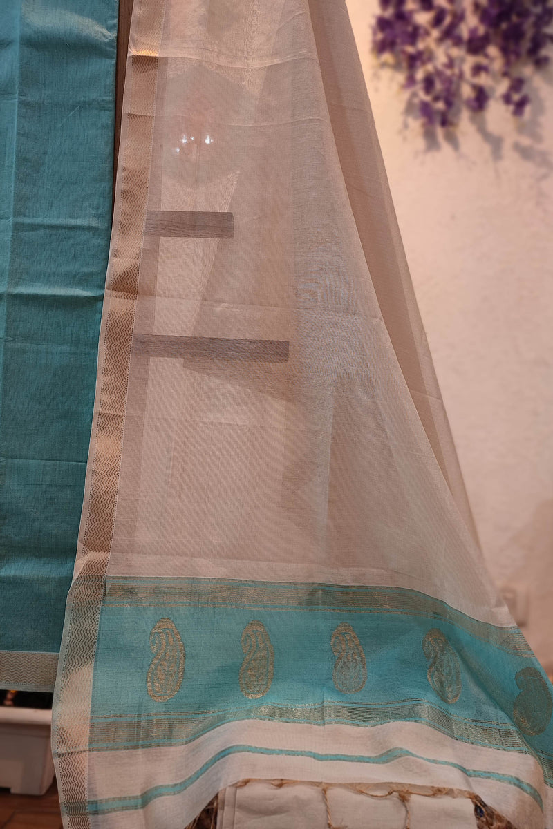 Teal & White Maheshwari Silk Suit Set with Paisley Border Dupatta & Cotton Bottom