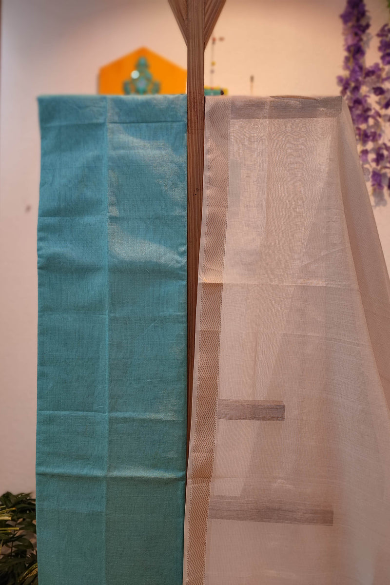 Teal & White Maheshwari Silk Suit Set with Paisley Border Dupatta & Cotton Bottom