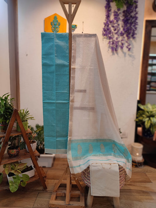 Teal & White Maheshwari Silk Suit Set with Paisley Border Dupatta & Cotton Bottom