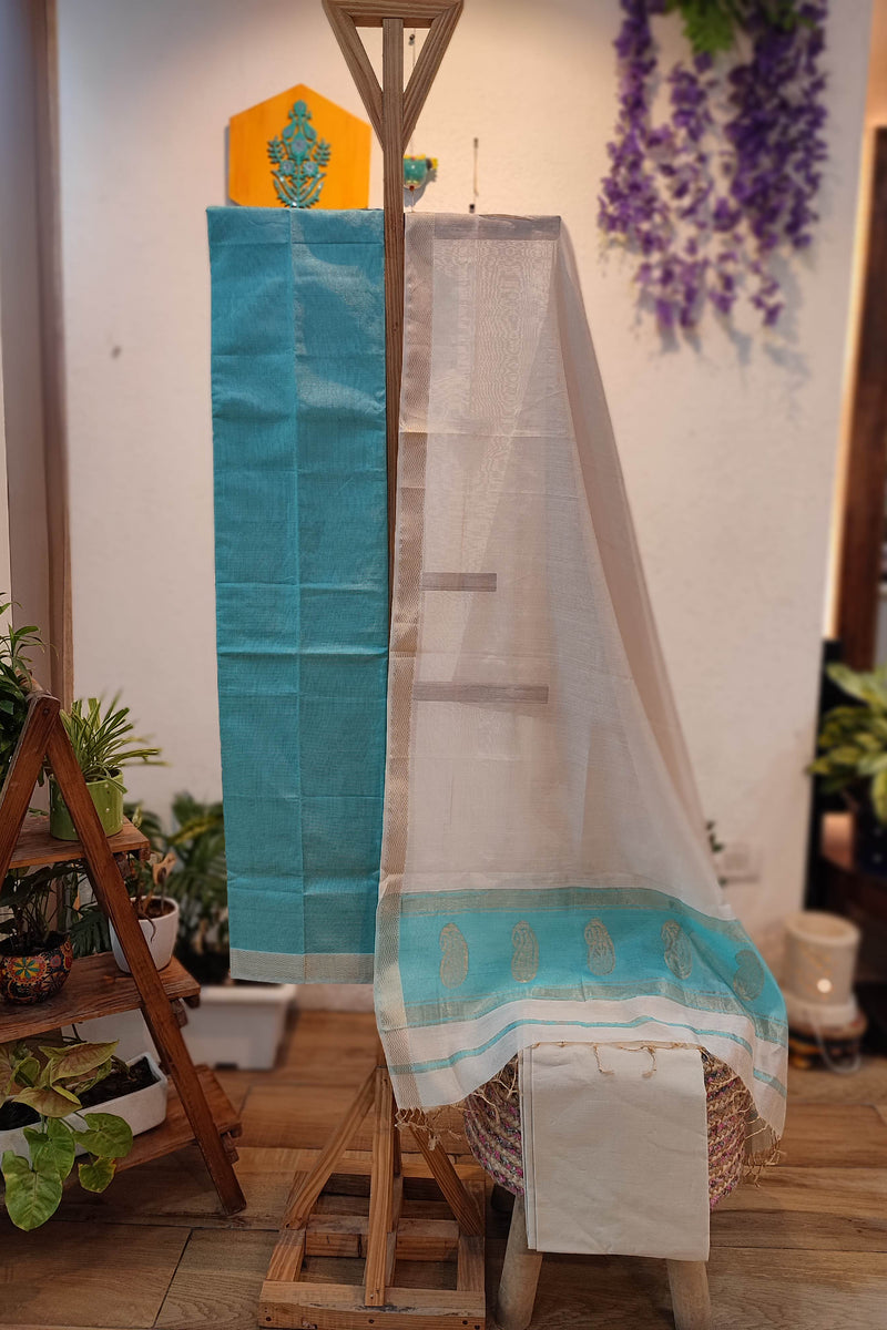 Teal & White Maheshwari Silk Suit Set with Paisley Border Dupatta & Cotton Bottom