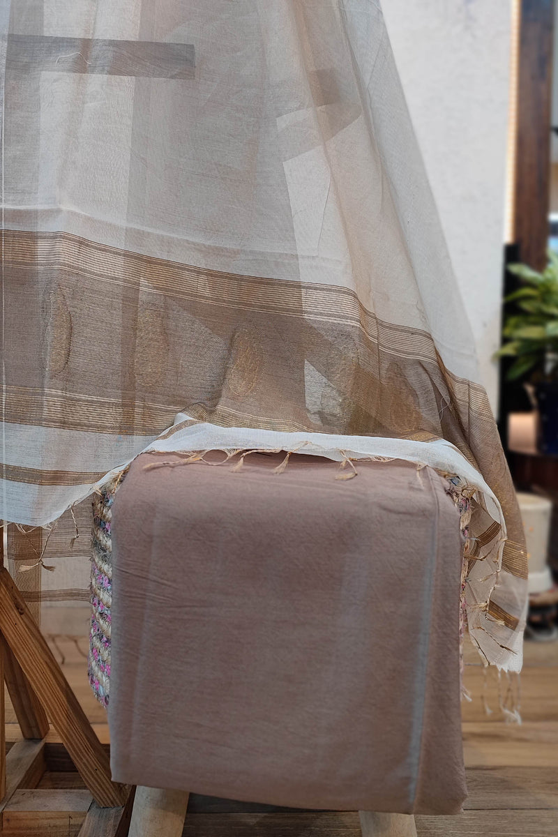 Taupe & White Maheshwari Silk Suit Set with Woven Border Dupatta & Cotton Bottom