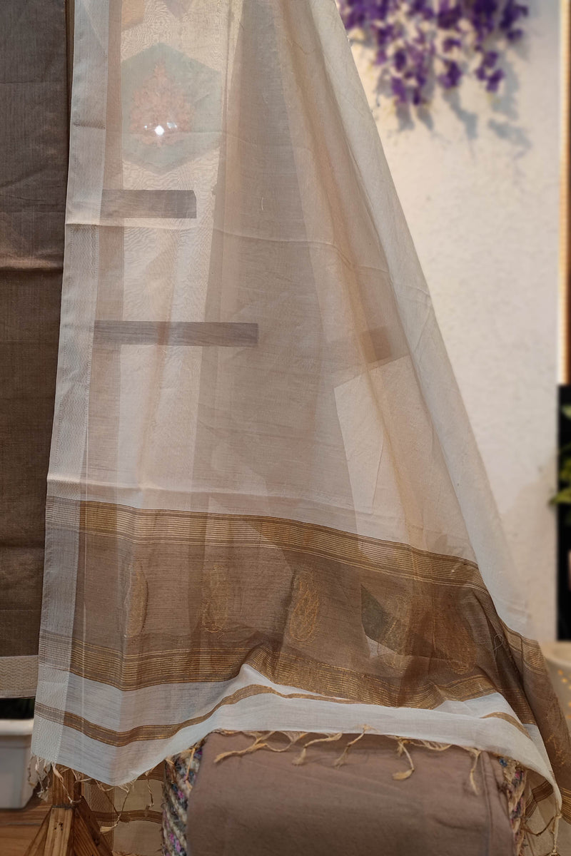 Taupe & White Maheshwari Silk Suit Set with Woven Border Dupatta & Cotton Bottom