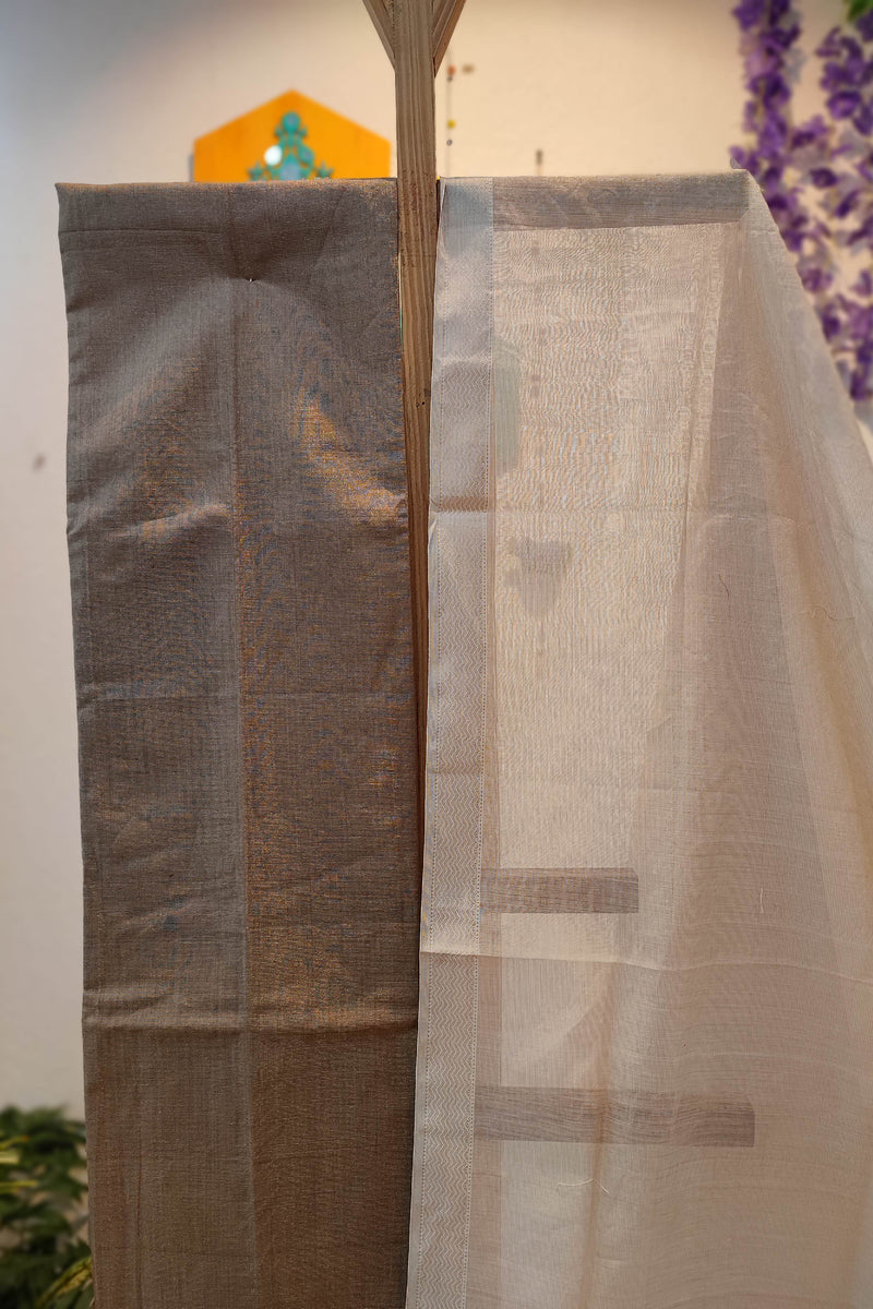 Taupe & White Maheshwari Silk Suit Set with Woven Border Dupatta & Cotton Bottom
