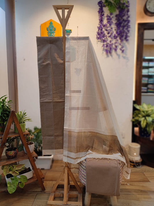 Taupe & White Maheshwari Silk Suit Set with Woven Border Dupatta & Cotton Bottom