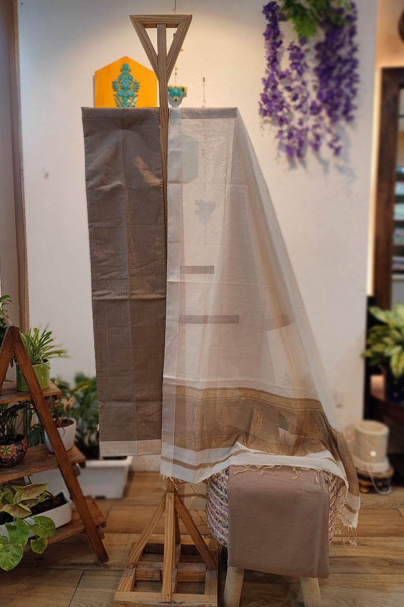 Taupe & White Maheshwari Silk Suit Set with Woven Border Dupatta & Cotton Bottom