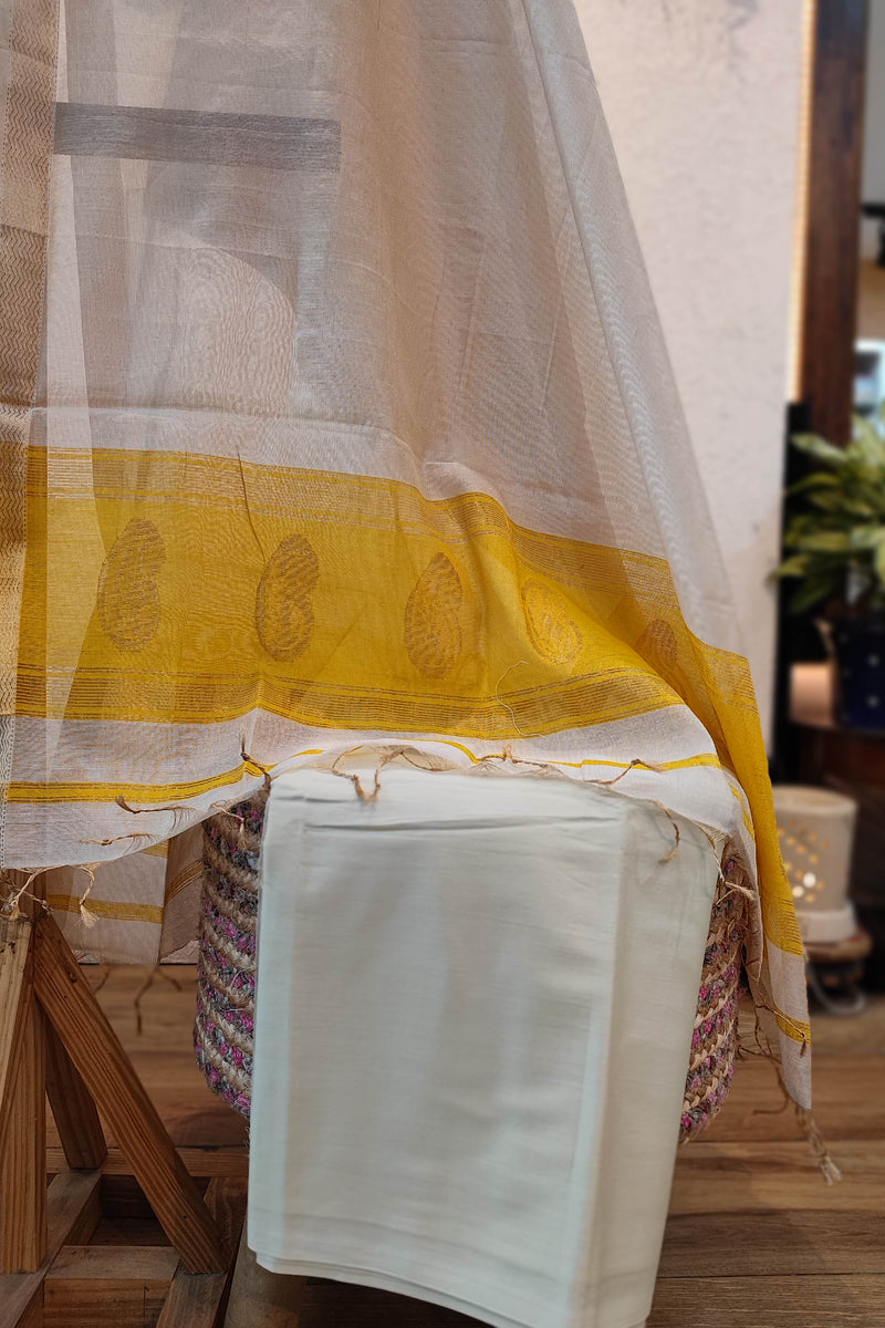 Mustard & White Maheshwari Silk Suit Set with Paisley Border Dupatta & Cotton Bottom