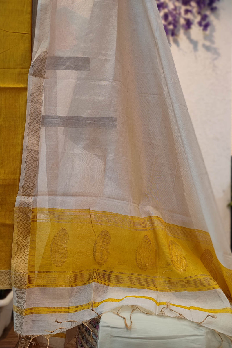Mustard & White Maheshwari Silk Suit Set with Paisley Border Dupatta & Cotton Bottom