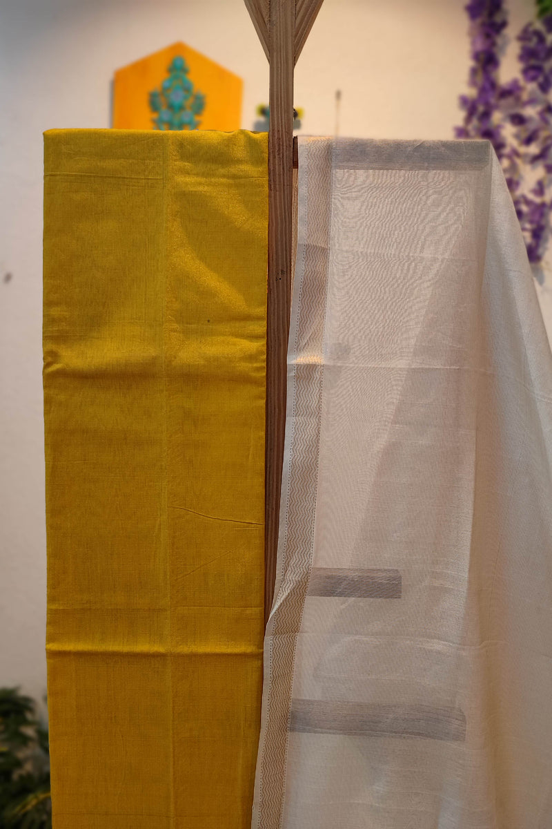 Mustard & White Maheshwari Silk Suit Set with Paisley Border Dupatta & Cotton Bottom