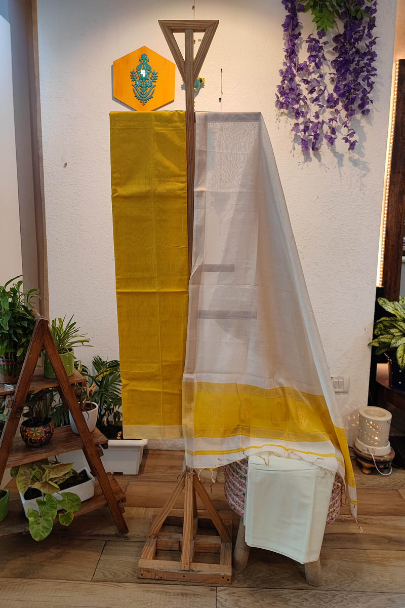 Mustard & White Maheshwari Silk Suit Set with Paisley Border Dupatta & Cotton Bottom
