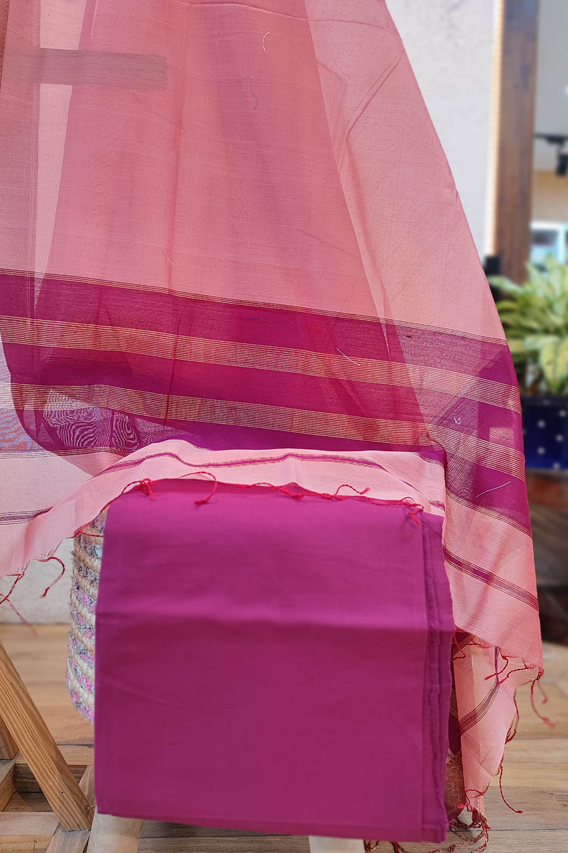 Wine & Pink Maheshwari Silk Suit Set with Woven Border Dupatta & Cotton Bottom